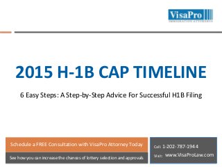 2015 H-1B CAP TIMELINE
6 Easy Steps: A Step-by-Step Advice For Successful H1B Filing

Schedule a FREE Consultation with VisaPro Attorney Today

Call: 1-202-787-1944

See how you can increase the chances of lottery selection and approvals

Visit:

www.VisaProLaw.com

 