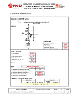 PDVSA PETROZAMORA H1E1021701-SE0D3-CD01009 Revisión 0 Página
CENTRO TECNOLOGICO DE TURBINAS, CTT C.A Fecha MAY. 18 17 de 27
PETROZAMORA
ADECUACIÓN DE LOS SERVICIOS ELECTRICOS
A LAS PLATAFORMAS DE PRODUCCIÓN
CEUTAGAS Y UNIGAS. FASE I. PETROZAMORA
A continuación, detalle del cálculo:
ECUACIÓN DE FRÖHLICH:
Tmax= 0.0833 * K * (b + hf) * hf ³ + 0.666 * * P * hf + 0.5 * a * P
(h + 0.333 * hf)
ESQUEMA
DIMENSIONES
hf: Empotramiento (m) 1,00 m
a: Largo (m) 0,50 m
b: Ancho (m) 0,50 m
h: Altura del Perfil (m) 3,30 m
hs: Alt. que sobre el terreno (m) 0,20 m
CARGAS ACTUANTES
T: Carga lateral (ton) 0,10 ton
M: Momento en Tope de Pilotín (Ton_m) 0,33 ton_m
P1: Peso Propio del Pilotín = 0,75 ton
P2: Cargas Verticales= 0,79 ton
P:Carga Vertical Total = P1 + P2 = 1,54 ton
F.S: Factor de Seguridad 1,75
Tact = F.S * T = 0,17 ton
SUELO 09 Arcilla arenosa magra
K: Módulo cortante del suelo (ton/m²) 6,00 6,00 ton/m²
: Coeficiente rozamiento concreto-suelo 0,40
(Ver valores de K y  en tabla al pie de la hoja)
Ks: Módulo de Balasto del Suelo (kg/cm³) = 5,04 kg/cm³
Rs: Resistencia del Suelo (kg/cm²) 1,15 kg/cm²
s=Peso Unitario del suelo (Kg/m3) 1900,0 kg/m3
CHEQUEO DE LA RESISTENCIA DEL SUELO
PERMISIBLE ACTUANTE
Rs= 1,15 kg/cm² Rs > Esf. act
Esf. act =
P/(a.b) 0,62 kg/cm²
Rs > Esf act ==> FS = 002 ==> Ok
 