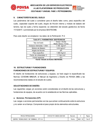 PDVSA PETROZAMORA H1E1021701-SE0D3-CD01009 Revisión 0 Página
CENTRO TECNOLOGICO DE TURBINAS, CTT C.A Fecha MAY. 18 7 de 27
PETROZAMORA
ADECUACIÓN DE LOS SERVICIOS ELECTRICOS
A LAS PLATAFORMAS DE PRODUCCIÓN
CEUTAGAS Y UNIGAS. FASE I. PETROZAMORA
9. CARACTERÍSTICAS DEL SUELO
Los parámetros del suelo a considerar para el diseño tales como, peso específico del
suelo, capacidad soporte del suelo, ángulo de fricción interna y módulo de balasto del
terreno, tipo de suelo y forma espectral, se obtendrán del estudio geotécnico de fecha
11/12/2017, suministrado por la empresa GEOTECNIA.
Para este diseño se emplearon los datos de la Perforación P-2
Tabla Nº 3. PARÁMETROS GEOTÉCNICOS
Tipo de Suelo
Arena / Arcilla
Medio Densa / Firme
Esfuerzo Admisible -1,50m 1,156 kg/cm2
Módulo de Balasto 5,04 kg/cm3
Angulo de fricción: 20º
Peso específico: 1.900 Kg/m3
Factor de cohesividad C 1,1 Kg/ cm2
Forma espectral S-3
Fuente: Estudio de Suelos GEOTECNIA.
10. ESTRUCTURAS Y FUNDACIONES
FUNDACIONES DE ESTRUCTURAS Y EQUIPOS:
El diseño de fundaciones de estructuras y equipos, se hará según lo especificado las
Normas COVENIN MINDUR, el Manual de Ingeniería y Diseño de PDVSA (MID) y las
recomendaciones dadas en el estudio de suelos.
SOLICITACIONES DE DISEÑO:
Las siguientes cargas y/o acciones serán consideradas en el diseño de las estructuras y
fundaciones de equipos, de acuerdo con lo establecido en las Normas aplicables.
a. Acciones Permanentes (CP)
Las cargas o acciones permanentes son las que actúan continuamente sobre la estructura
y no varían en el tiempo. Comprende el peso propio de los elementos estructurales.
 