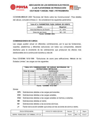 PDVSA PETROZAMORA H1E1021701-SE0D3-CD01009 Revisión 0 Página
CENTRO TECNOLOGICO DE TURBINAS, CTT C.A Fecha MAY. 18 9 de 27
PETROZAMORA
ADECUACIÓN DE LOS SERVICIOS ELECTRICOS
A LAS PLATAFORMAS DE PRODUCCIÓN
CEUTAGAS Y UNIGAS. FASE I. PETROZAMORA
COVENIN-MINDUR 2003 "Acciones del Viento sobre las Construcciones”. Para detalles
del cálculo, consultar el Anexo 2. Se consideraron los siguientes parámetros:
Tabla Nº 4. PARÁMETROS PARA CARGAS DE VIENTO
Acción Magnitud
Velocidad Máxima de Diseño 81 KPH
Dirección del Viento NE – SO
Fuente: COVENIN 2003.
COMBINACIONES DE CARGA
Las cargas pueden actuar en diferentes combinaciones, por lo que las fundaciones,
soportes, plataformas y diferentes estructuras con todos sus componentes, deberán
diseñarse para la envolvente de las solicitaciones que produzcan los efectos más
desfavorables de la construcción durante su vida útil.
Para COVENIN 1618-1998 “Estructuras de acero para edificaciones. Método de los
Estados Límites”, las cargas son las siguientes:
TABLA Nº4. COMBINACIONES DE CARGAS MAYORADAS EN
ESTRUCTURAS METÁLICAS
Caso de carga Combinación
1 U = 1,4 CP
2 U = 1, 2 CP + 1,6 CV + 0,5 CVt
3 U = 1,2 CP + 1,6 CVt + (0.5 CV ó ± 0,8 W)
4 U = 1,2 CP ± 1,3 W + 0.5 CV + 0,5 CVt
5 U = 0,9 CP ± 1,3 W
6 U = 1,2 CP +  CV ± S
7 U = 0,9 CP ± S
Fuente: “COVENIN 1618-1998”
Dónde:
CP= Solicitaciones debidas a las cargas permanentes.
CV= Solicitaciones debidas a las cargas variables.
CVt= Solicitaciones debidas a las cargas variables en techos y cubiertas.
W= Solicitaciones debidas al viento.
S= Solicitaciones debidos a las acciones sísmicas.
= Factor de la acción variable que actúa con las acciones de sismo o viento.
 