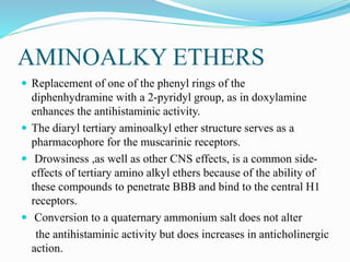 AMINOALKY ETHERS
 Replacement of one of the phenyl rings of the
diphenhydramine with a 2-pyridyl group, as in doxylamine
enhances the antihistaminic activity.
 The diaryl tertiary aminoalkyl ether structure serves as a
pharmacophore for the muscarinic receptors.
 Drowsiness ,as well as other CNS effects, is a common side-
effects of tertiary amino alkyl ethers because of the ability of
these compounds to penetrate BBB and bind to the central H1
receptors.
 Conversion to a quaternary ammonium salt does not alter
the antihistaminic activity but does increases in anticholinergic
action.
 
