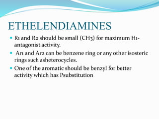 ETHELENDIAMINES
 R1 and R2 should be small (CH3) for maximum H1-
antagonist activity.
 Ar1 and Ar2 can be benzene ring or any other isosteric
rings such asheterocycles.
 One of the aromatic should be benzyl for better
activity which has Psubstitution
 