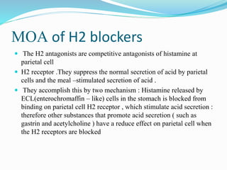 MOA of H2 blockers
 The H2 antagonists are competitive antagonists of histamine at
parietal cell
 H2 receptor .They suppress the normal secretion of acid by parietal
cells and the meal –stimulated secretion of acid .
 They accomplish this by two mechanism : Histamine released by
ECL(enterochromaffin – like) cells in the stomach is blocked from
binding on parietal cell H2 receptor , which stimulate acid secretion :
therefore other substances that promote acid secretion ( such as
gastrin and acetylcholine ) have a reduce effect on parietal cell when
the H2 receptors are blocked
 