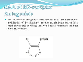  The H2-receptor antagonists were the result of the international
modiﬁcation of the histamine structure and deliberate search for a
chemically related substance that would act as competitive inhibitor
of the H2-receptors.
 