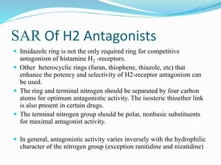 SAR Of H2 Antagonists
 Imidazole ring is not the only required ring for competitive
antagonism of histamine H2 -receptors.
 Other heterocyclic rings (furan, thiophene, thiazole, etc) that
enhance the potency and selectivity of H2-receptor antagonism can
be used.
 The ring and terminal nitrogen should be separated by four carbon
atoms for optimum antagonistic activity. The isosteric thioether link
is also present in certain drugs.
 The terminal nitrogen group should be polar, nonbasic substituents
for maximal antagonist activity.
 In general, antagonistic activity varies inversely with the hydrophilic
character of the nitrogen group (exception ranitidine and nizatidine)
 