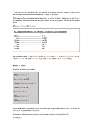 Finalizado con la explicación haré entrega de la consigna siguiente para dar cuenta de si
entendieron ladiferenciaque existeentre “Divisor”y“Múltiplo”:
Mientras losalumnostrabajan sobre la consigna pegaré el afiche en el pizarrón, el cual llevaré
preparadoyconcluidalaactividaddesignaré asiete alumnosque pasenal frenteacompletarla
frase.
(Tiempoestimado:15 minutos)
4)- Completaen cada caso con “Divisor” ó “Múltiplo” segúncorresponda.
120 es……………………………….………………. de 6
0 es…………………………..……………………. de 370
170 es……………………………..…………………. de 170
36 es……………………………..…………………. de 108
1 es…………………………………………………. de 19
900 es………………………….…………………….. de 9
126 es………………………….………………….…. de 2
(Actividadresuelta:120 es múltiplode 6, 0 es múltiplode 370, 170 es múltiplo/divisorde 170,
36 es divisorde 108, 1 es divisor de 19, 900 es múltiplode 9,126 es múltiplode 2.)
Puesta encomún
El afiche completoquedaráasí:
120 esmúltiplode 6
0 esmúltiplo de 370
170 esdivisor/ múltiplode 170
36 es divisorde 108
1 esdivisorde 19
900 esmúltiplode 9
126 esmúltiplode 2
La última frase la completaré con los alumnos luego de que den cuenta de que 170 puede ser
divisorde él comotambiénmúltiplo.
Practicante -¿Estántodosde acuerdocon lo que escribieronsuscompañeros?-
Alumnos -Si-
 