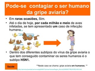 Pode-se  contagiar o ser humano da gripe aviaria? Em  raras ocasiões,  Sim. Até o dia de hoje,  por cada milhão e meio  de aves infetadas, se tem apresentado  um  caso de infecção  humana [1] . [1]   http://servicios.laverdad.es/murcia/pg060827/prensa/noticias/Region_Murcia/200608/27/MUR-REG-005.html Dentro dos diferentes subtipos do vírus da gripe aviaria o que tem conseguido contaminar os seres humanos é o subtipo  H5N1. ** Neste caso se chama: gripe aviaria  em humanos .  ** Saúde 