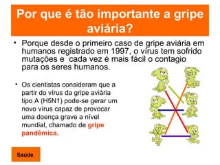 Por que é tão importante a gripe aviária? Porque desde o primeiro caso de gripe aviária em humanos registrado em 1997, o vírus tem sofrido mutações e  cada vez é mais fácil o contagio para os seres humanos. Os cientistas consideram que a partir do vírus da gripe aviária tipo A (H5N1) pode-se gerar um novo vírus capaz de provocar uma doença grave a nível mundial, chamado de  gripe pandêmica.  Saúde 
