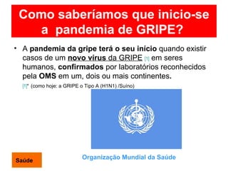 Como saberíamos que inicio-se a  pandemia de GRIPE?   A  pandemia da gripe terá o seu início  quando existir casos de um  novo   vírus  da GRIPE   [1]  em seres humanos,  confirmados  por laboratórios reconhecidos pela  OMS  em um, dois ou mais continentes .  [1] *   (como hoje: a GRIPE o Tipo A (H1N1) /Suíno) Saúde Organização Mundial da Saúde 
