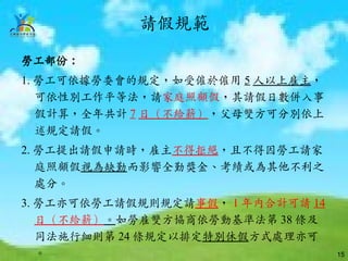 請假規範

勞工部份：
1. 勞工可依據勞委會的規定，如受僱於僱用 5 人以上雇主，
   可依性別工作平等法，請家庭照顧假，其請假日數併入事
   假計算，全年共計 7 日（不給薪），父母雙方可分別依上
   述規定請假。
2. 勞工提出請假申請時，雇主不得拒絕，且不得因勞工請家
   庭照顧假視為缺勤而影響全勤獎金、考績或為其他不利之
   處分。
3. 勞工亦可依勞工請假規則規定請事假， 1 年內合計可請 14
   日（不給薪）。如勞雇雙方協商依勞動基準法第 38 條及
   同法施行細則第 24 條規定以排定特別休假方式處理亦可
   。                               15
 