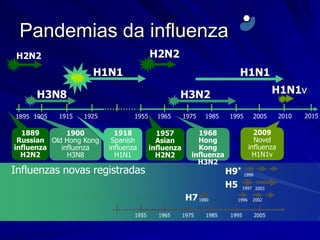 Pandemias da influenza
 H2N2                                    H2N2
                     H1N1                                                H1N1

      H3N8                                        H3N2                                 H1N1v

1895 1905   1915   1925           1955     1965      1975   1985     1995       2005       2010   2015

  1889        1900          1918           1957           1968                   2009
 Russian Old Hong Kong     Spanish         Asian          Hong                   Novel
influenza   influenza     influenza      influenza        Kong                 influenza
  H2N2        H3N8          H1N1           H2N2         influenza               H1N1v
                                                          H3N2
Influenzas novas registradas                                        H9* 1999
                                                                    H5 1997 2003
                                                      H7 1980           1996    2002


                                  1955     1965      1975   1985      1995      2005


                                                                   Animated slide: Press space bar
 