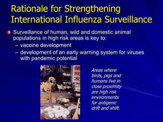Rationale for Strengthening
International Influenza Surveillance
Surveillance of human, wild and domestic animal
populations in high risk areas is key to:
 – vaccine development
 – development of an early warning system for viruses
   with pandemic potential

                               Areas where
                               birds, pigs and
                               humans live in
                               close proximity
                               are high risk
                               environments
                               for antigenic
                               drift and shift.
 