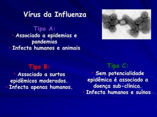 Vírus da Influenza

          Tipo A:
   • Associado a epidemias e
           pandemias
 • Infecta humanos e animais


        Tipo B:                         Tipo C:
  • Associado a surtos            • Sem potencialidade
  epidêmicos moderados.          epidêmica é associado a
• Infecta apenas humanos.           doença sub-clínica.
                               • Infecta humanos e suínos.
 