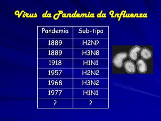 Vírus da Pandemia da Influenza
      Pandemia   Sub-tipo
       1889       H2N?
       1889       H3N8
        1918      H1N1
       1957       H2N2
       1968       H3N2
       1977       H1N1
         ?          ?
 