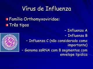 Vírus de Influenza
Família Orthomyxoviridae:
Três tipos
                                – Influenza A
                                – Influenza B
         – Influenza C (não considerado como
                                  importante)
      – Genoma ssRNA com 8 segmentos com
                             envelope lipidica
 