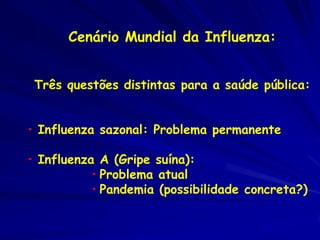 Cenário Mundial da Influenza:


 Três questões distintas para a saúde pública:


• Influenza sazonal: Problema permanente

• Influenza A (Gripe suína):
           • Problema atual
           • Pandemia (possibilidade concreta?)
 