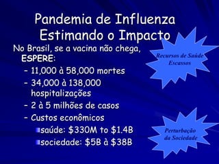 Pandemia de Influenza
      Estimando o Impacto
No Brasil, se a vacina não chega,
 ESPERE:                            Recursos de Saúde
                                        Escassos
  – 11,000 à 58,000 mortes
  – 34,000 à 138,000
    hospitalizações
  – 2 à 5 milhões de casos
  – Custos econômicos
       saúde: $330M to $1.4B          Perturbação
                                      da Sociedade
       sociedade: $5B à $38B
 