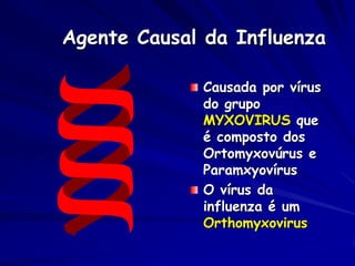 Agente Causal da Influenza

             Causada por vírus
             do grupo
             MYXOVIRUS que
             é composto dos
             Ortomyxovúrus e
             Paramxyovírus
             O vírus da
             influenza é um
             Orthomyxovirus
 