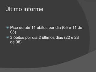 Último informe Pico de até 11 óbitos por dia (05 e 11 de 08) 3 óbitos por dia 2 últimos dias (22 e 23 de 08) 