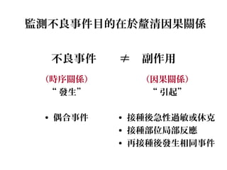 不良事件 ≠ 副作用
（時序關係）
“ 發生”
• 偶合事件
（因果關係）
“ 引起”
• 接種後急性過敏或休克
• 接種部位局部反應
• 再接種後發生相同事件
監測不良事件目的在於釐清因果關係
 