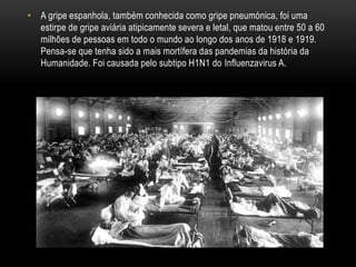 • A gripe espanhola, também conhecida como gripe pneumónica, foi uma
estirpe de gripe aviária atipicamente severa e letal, que matou entre 50 a 60
milhões de pessoas em todo o mundo ao longo dos anos de 1918 e 1919.
Pensa-se que tenha sido a mais mortífera das pandemias da história da
Humanidade. Foi causada pelo subtipo H1N1 do Influenzavirus A.
 