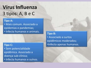 Vírus Influenza
3 tipos: A, B e C
Tipo A:
• Mais comum. Associado a
epidemias e pandemias;
• Infecta humanos e animais.
Tipo B:
• Associado a surtos
epidêmicos moderados;
•Infecta apenas humanos.Tipo C:
• Sem potencialidade
epidêmica. Associado a
doença sub-clínica;
• Infecta humanos e suínos.