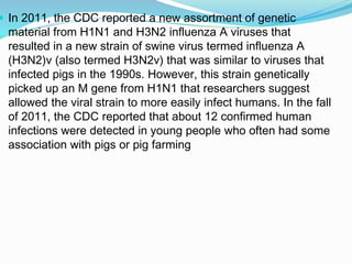  In 2011, the CDC reported a new assortment of genetic
material from H1N1 and H3N2 influenza A viruses that
resulted in a new strain of swine virus termed influenza A
(H3N2)v (also termed H3N2v) that was similar to viruses that
infected pigs in the 1990s. However, this strain genetically
picked up an M gene from H1N1 that researchers suggest
allowed the viral strain to more easily infect humans. In the fall
of 2011, the CDC reported that about 12 confirmed human
infections were detected in young people who often had some
association with pigs or pig farming
 