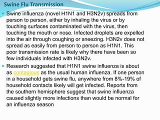 Swine Flu Transmission
 Swine influenza (novel H1N1 and H3N2v) spreads from
person to person, either by inhaling the virus or by
touching surfaces contaminated with the virus, then
touching the mouth or nose. Infected droplets are expelled
into the air through coughing or sneezing. H3N2v does not
spread as easily from person to person as H1N1. This
poor transmission rate is likely why there have been so
few individuals infected with H3N2v.
 Research suggested that H1N1 swine influenza is about
as contagious as the usual human influenza. If one person
in a household gets swine flu, anywhere from 8%-19% of
household contacts likely will get infected. Reports from
the southern hemisphere suggest that swine influenza
caused slightly more infections than would be normal for
an influenza season
 