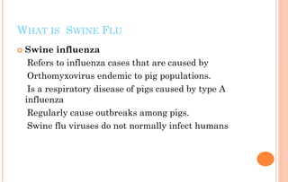 WHAT IS SWINE FLU
 Swine influenza
Refers to influenza cases that are caused by
Orthomyxovirus endemic to pig populations...