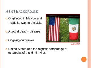 H1N1 BackgroundOriginated in Mexico and    made its way to the U.S.A global deadly disease Ongoing outbreaks United States has the highest percentage of outbreaks of the H1N1 viruslndhslf72