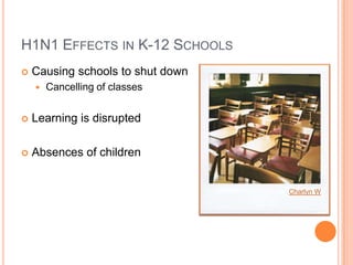 H1N1 Effects in K-12 Schools Causing schools to shut downCancelling of classesLearning is disruptedAbsences of children Charlyn W