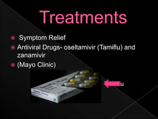 TreatmentsSymptom ReliefAntiviral Drugs- oseltamivir (Tamiflu) and zanamivir (Mayo Clinic)                   Tamiflu