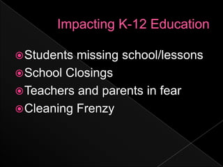 Impacting K-12 EducationStudents missing school/lessonsSchool ClosingsTeachers and parents in fearCleaning Frenzy