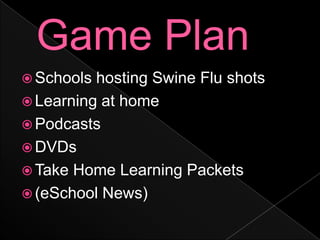 Game PlanSchools hosting Swine Flu shots Learning at homePodcastsDVDsTake Home Learning Packets(eSchool News)