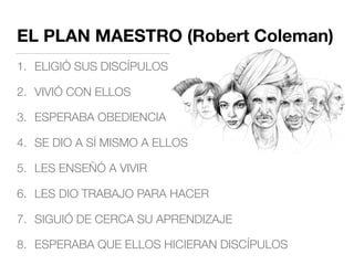 1. ELIGIÓ SUS DISCÍPULOS
2. VIVIÓ CON ELLOS
3. ESPERABA OBEDIENCIA
4. SE DIO A SÍ MISMO A ELLOS
5. LES ENSEÑÓ A VIVIR
6. LES DIO TRABAJO PARA HACER
7. SIGUIÓ DE CERCA SU APRENDIZAJE
8. ESPERABA QUE ELLOS HICIERAN DISCÍPULOS
EL PLAN MAESTRO (Robert Coleman)
 
