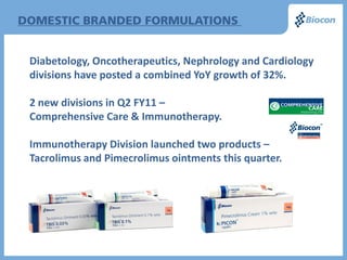 Diabetology, Oncotherapeutics, Nephrology and Cardiology
divisions have posted a combined YoY growth of 32%.
      .


2 new divisions in Q2 FY11 –
Comprehensive Care & Immunotherapy.

Immunotherapy Division launched two products –
Tacrolimus and Pimecrolimus ointments this quarter.

.
 