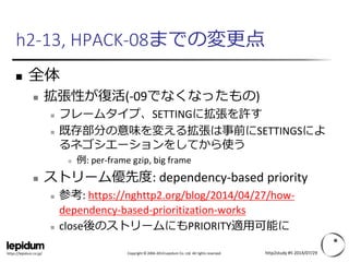 Copyright © 2004-2014 Lepidum Co. Ltd. All rights reserved.https://lepidum.co.jp/
h2-13, HPACK-08までの変更点
 全体
 拡張性が復活(-09でなくなったもの)
 フレームタイプ、SETTINGに拡張を許す
 既存部分の意味を変える拡張は事前にSETTINGSによ
るネゴシエーションをしてから使う
 例: per-frame gzip, big frame
 ストリーム優先度: dependency-based priority
 参考: https://nghttp2.org/blog/2014/04/27/how-
dependency-based-prioritization-works
 close後のストリームにもPRIORITY適用可能に
http2study #5 2014/07/29
 