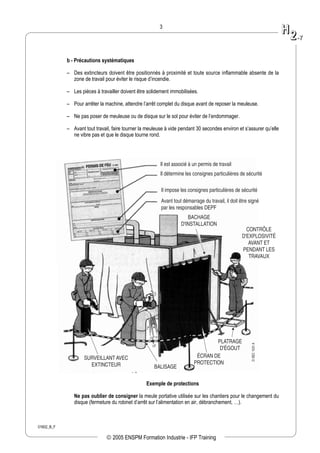01602_B_F
3
b - Précautions systématiques
– Des extincteurs doivent être positionnés à proximité et toute source inflammable absente de la
zone de travail pour éviter le risque d’incendie.
– Les pièces à travailler doivent être solidement immobilisées.
– Pour arrêter la machine, attendre l’arrêt complet du disque avant de reposer la meuleuse.
– Ne pas poser de meuleuse ou de disque sur le sol pour éviter de l’endommager.
– Avant tout travail, faire tourner la meuleuse à vide pendant 30 secondes environ et s’assurer qu’elle
ne vibre pas et que le disque tourne rond.
DSEC1531A
Il est associé à un permis de travail
Il détermine les consignes particulières de sécurité
Il impose les consignes particulières de sécurité
Avant tout démarrage du travail, il doit être signé
par les responsables DEPF
BACHAGE
D'INSTALLATION
CONTRÔLE
D'EXPLOSIVITÉ
AVANT ET
PENDANT LES
TRAVAUX
PLATRAGE
D'ÉGOUT
ÉCRAN DE
PROTECTION
BALISAGE
SURVEILLANT AVEC
EXTINCTEUR
Exemple de protections
Ne pas oublier de consigner la meule portative utilisée sur les chantiers pour le changement du
disque (fermeture du robinet d’arrêt sur l’alimentation en air, débranchement, …).
HH
22--77
 2005 ENSPM Formation Industrie - IFP Training
 