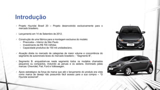 Introdução 
 Projeto Hyundai Brasil 20 – Projeto desenvolvido exclusivamente para o 
mercado brasileiro. 
 Lançamento em 14 de Setembro de 2012. 
 Construção de uma fábrica para a montagem exclusiva do modelo: 
• Piracicaba – Interior de São Paulo 
• Investimento de R$ 700 milhões 
• Capacidade produtiva de 150 mil unidades/ano. 
 Atuação direta no mercado de categorias de maior volume e concorrência do 
segmento de automóveis leves do mercado brasileiro - “Segmento B”. 
 Segmento B: enquadram-se neste segmento todos os modelos chamados 
pequenos ou compactos, incluindo as peruas e os sedans. Dominado pelas 
marcas: Chevrolet, Fiat, Ford e Volkswagen. 
 Apoio estratégico da força da marca que até o lançamento do produto era vista 
como marca de desejo não possuindo fácil acesso para a sua compra – “O 
Hyundai acessível”. 
 
