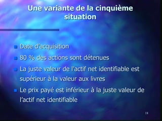 18
Une variante de la cinquième
situation
 Date d’acquisition
 80 % des actions sont détenues
 La juste valeur de l’actif net identifiable est
supérieur à la valeur aux livres
 Le prix payé est inférieur à la juste valeur de
l’actif net identifiable
 