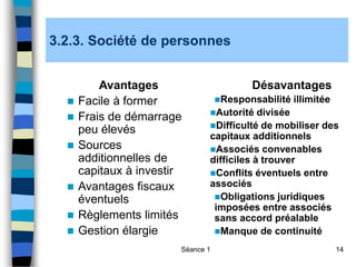 Séance 1 14
3.2.3. Société de personnes
Avantages
 Facile à former
 Frais de démarrage
peu élevés
 Sources
additionnelles de
capitaux à investir
 Avantages fiscaux
éventuels
 Règlements limités
 Gestion élargie
Désavantages
Responsabilité illimitée
Autorité divisée
Difficulté de mobiliser des
capitaux additionnels
Associés convenables
difficiles à trouver
Conflits éventuels entre
associés
Obligations juridiques
imposées entre associés
sans accord préalable
Manque de continuité
 