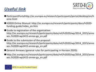 Useful link
 ParticipantPortalhttp://ec.europa.eu/research/participants/portal/desktop/en/h
ome.html
 H2020 Online Manual: http://ec.europa.eu/research/participants/docs/h2020-
funding-guide/index_en.htm
 Guide to registration of the organization:
http://ec.europa.eu/research/participants/data/ref/h2020/wp/2014_2015/anne
xes /h2020-wp1415-annex-ga_en.pdf
 Guide to the submission of the proposal:
http://ec.europa.eu/research/participants/data/ref/h2020/wp/2014_2015/anne
xes /h2020-wp1415-annex-ga_en.pdf
 General Annexes (general rules for participating in Horizon 2020):
 http://ec.europa.eu/research/participants/data/ref/h2020/wp/2014_2015/anne
xes /h2020-wp1415-annex-ga_en.pdf
 