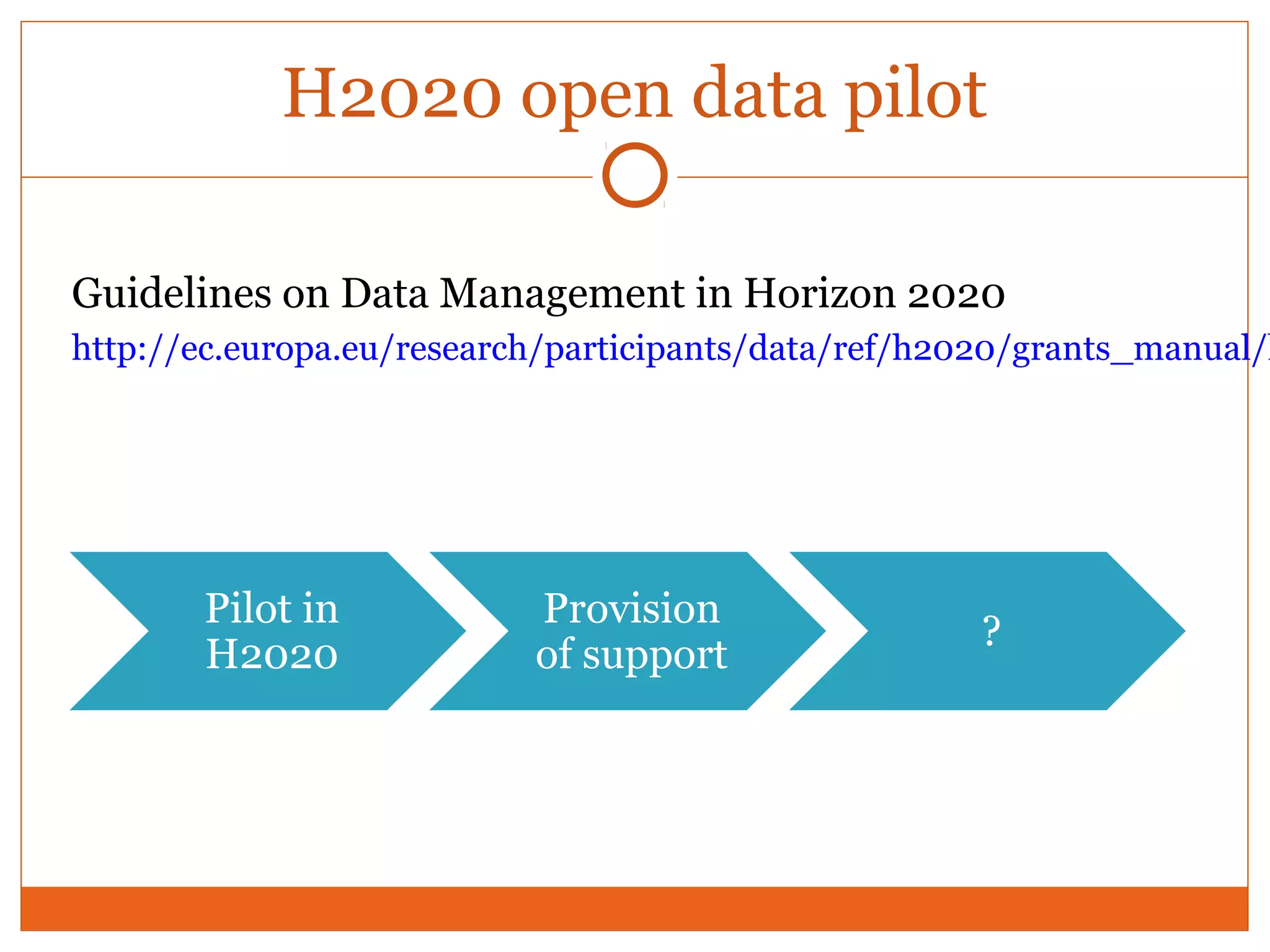 H2020 open data pilot 
Guidelines on Data Management in Horizon 2020 
http://ec.europa.eu/research/participants/data/ref/h2020/grants_manual/hi/Pilot in 
H2020 
Provision 
of support ? 
 