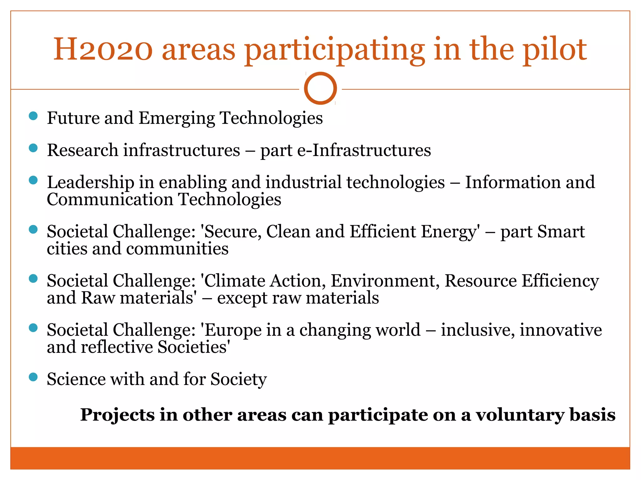 H2020 areas participating in the pilot 
 Future and Emerging Technologies 
 Research infrastructures – part e-Infrastructures 
 Leadership in enabling and industrial technologies – Information and 
Communication Technologies 
 Societal Challenge: 'Secure, Clean and Efficient Energy' – part Smart 
cities and communities 
 Societal Challenge: 'Climate Action, Environment, Resource Efficiency 
and Raw materials' – except raw materials 
 Societal Challenge: 'Europe in a changing world – inclusive, innovative 
and reflective Societies' 
 Science with and for Society 
Projects in other areas can participate on a voluntary basis 
 