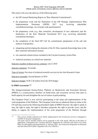 Horizon 2020 - Work Programme 2018-2020
Climate action, environment, resource efficiency and raw materials
Part 12 - Page 146 of 162
This action will cover the delivery of the following items:
 the EIP Annual Monitoring Report on "Raw Materials Commitments";
 the preparatory work and the finalisation of the EIP Strategic Implementation Plan
Implementation Document (SIPID) 2017 (e.g. involving stakeholder
consultation/meetings, via a Europe-wide questionnaire);
 the preparatory work (e.g. data extraction, development of new indicators) and the
finalisation of the Raw Materials Scoreboard 2017 (e.g. involving stakeholder
consultation/meetings);
 the completion of the third EIP Call for commitments (preparation of the call and
analysis of proposals);
 integrating and developing the elements of the EU Raw materials Knowledge base in the
Raw materials Information System;
 raw materials-related actions included in the Circular Economy Action Plan;
 technical assistance on critical raw materials.
Indicative number of direct service contracts: one in 2018
Indicative duration: 36 months
Type of Action: Provision of technical/scientific services by the Joint Research Centre
Indicative timetable: Second Quarter of 2018
Indicative budget: EUR 2.20 million from the 2018 budget
8. IPBES secretariat 132
The Intergovernmental Science-Policy Platform on Biodiversity and Ecosystem Services
(IPBES) is a science-policy interface on biodiversity and ecosystem services that aims to
build capacity for and strengthen the use of science in policymaking.
The European Union is now actively participating in the setup and implementation of the
work programme of the Platform. The European Union has an enhanced observer status at the
UN and may exercise the following procedural rights at IPBES Sessions: the right to speak in
turn; the right to reply; the right to introduce proposals; the right to provide views; and the
ability to support the implementation of the work programme of the Platform through
132
This activity initially expected to be wholly implemented by the Commission services is delegated to
EASME for the grant management.
This grant will be awarded without call for proposals in line with Article 190(1)(e) of the Rules of
applications of Regulation (EU, Euratom) 966/2012, Regulation No 1268/2012 and Article 11(2) of the
Rules for participation and dissemination in "Horizon 2020 - the Framework Programme for Research
and Innovation (2014-2020)", Regulation (EU) No 1290/2013.
 