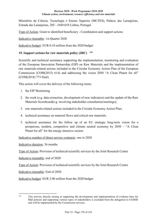 Horizon 2020 - Work Programme 2018-2020
Climate action, environment, resource efficiency and raw materials
Part 12 - Page 158 of 162
Ministério da Ciência, Tecnologia e Ensino Superior (MCTES), Palácio das Laranjeiras,
Estrada das Laranjeiras, 205 - 1649-018 Lisboa, Portugal
Type of Action: Grant to identified beneficiary - Coordination and support actions
Indicative timetable: 1st Quarter 2020
Indicative budget: EUR 0.10 million from the 2020 budget
19. Support actions for raw materials policy (JRC) 143
Scientific and technical assistance supporting the implementation, monitoring and evaluation
of the European Innovation Partnership (EIP) on Raw Materials and the implementation of
raw materials-related actions included in the Circular Economy Action Plan of the European
Commission (COM(2015) 614) and addressing the vision 2050 “A Clean Planet for all”
(COM(2018) 773 final).
This action will cover the delivery of the following items:
1. the EIP Monitoring
2. the work (e.g. data extraction, development of new indicators) and the update of the Raw
Materials Scoreboard(e.g. involving stakeholder consultation/meetings);
3. raw materials-related actions included in the Circular Economy Action Plan;
4. technical assistance on material flows and critical raw materials.
5. technical assistance for the follow up of an EU strategic long-term vision for a
prosperous, modern, competitive and climate neutral economy by 2050 – “A Clean
Planet for all” for the energy intensive sectors
Indicative number of direct service contracts: one in 2020
Indicative duration: 36 months
Type of Action: Provision of technical/scientific services by the Joint Research Centre
Indicative timetable: end of 2020
Type of Action: Provision of technical/scientific services by the Joint Research Centre
Indicative timetable: End of 2020
Indicative budget: EUR 2.00 million from the 2020 budget
143
This activity directly aiming at supporting the development and implementation of evidence base for
R&I policies and supporting various types of stakeholders is excluded from the delegation to EASME
and will be implemented by the Commission services.
 