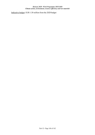 Horizon 2020 - Work Programme 2018-2020
Climate action, environment, resource efficiency and raw materials
Part 12 - Page 160 of 162
Indicative budget: EUR 1.50 million from the 2020 budget
 