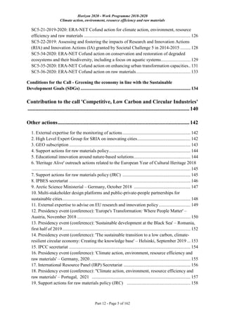 Horizon 2020 - Work Programme 2018-2020
Climate action, environment, resource efficiency and raw materials
Part 12 - Page 5 of 162
SC5-21-2019-2020: ERA-NET Cofund action for climate action, environment, resource
efficiency and raw materials .............................................................................................. 126
SC5-22-2019: Assessing and fostering the impacts of Research and Innovation Actions
(RIA) and Innovation Actions (IA) granted by Societal Challenge 5 in 2014-2015 ......... 128
SC5-34-2020: ERA-NET Cofund action on conservation and restoration of degraded
ecosystems and their biodiversity, including a focus on aquatic systems.......................... 129
SC5-35-2020: ERA-NET Cofund action on enhancing urban transformation capacities.. 131
SC5-36-2020: ERA-NET Cofund action on raw materials................................................ 133
Conditions for the Call - Greening the economy in line with the Sustainable
Development Goals (SDGs) ................................................................................................. 134
Contribution to the call 'Competitive, Low Carbon and Circular Industries'
...........................................................................................................................140
Other actions....................................................................................................142
1. External expertise for the monitoring of actions............................................................ 142
2. High Level Expert Group for SRIA on innovating cities............................................... 142
3. GEO subscription ........................................................................................................... 143
4. Support actions for raw materials policy........................................................................ 144
5. Educational innovation around nature-based solutions.................................................. 144
6. 'Heritage Alive' outreach actions related to the European Year of Cultural Heritage 2018
............................................................................................................................................ 145
7. Support actions for raw materials policy (JRC) ............................................................ 145
8. IPBES secretariat ........................................................................................................... 146
9. Arctic Science Ministerial – Germany, October 2018 .................................................. 147
10. Multi-stakeholder design platforms and public-private-people partnerships for
sustainable cities................................................................................................................. 148
11. External expertise to advise on EU research and innovation policy............................ 149
12. Presidency event (conference): 'Europe's Transformation: Where People Matter' –
Austria, November 2018 .................................................................................................... 150
13. Presidency event (conference): 'Sustainable development at the Black Sea' – Romania,
first half of 2019................................................................................................................. 152
14. Presidency event (conference): 'The sustainable transition to a low carbon, climate-
resilient circular economy: Creating the knowledge base' – Helsinki, September 2019 ... 153
15. IPCC secretariat ........................................................................................................... 154
16. Presidency event (conference): 'Climate action, environment, resource efficiency and
raw materials' – Germany, 2020......................................................................................... 155
17. International Resource Panel (IRP) Secretariat ........................................................... 156
18. Presidency event (conference): ''Climate action, environment, resource efficiency and
raw materials' – Portugal, 2021 ....................................................................................... 157
19. Support actions for raw materials policy (JRC) ........................................................ 158
 