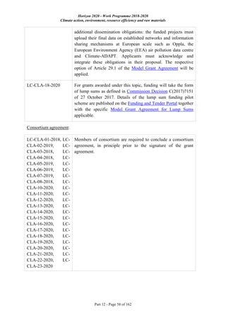 Horizon 2020 - Work Programme 2018-2020
Climate action, environment, resource efficiency and raw materials
Part 12 - Page 58 of 162
additional dissemination obligations: the funded projects must
upload their final data on established networks and information
sharing mechanisms at European scale such as Oppla, the
European Environment Agency (EEA) air pollution data centre
and Climate-ADAPT. Applicants must acknowledge and
integrate these obligations in their proposal. The respective
option of Article 29.1 of the Model Grant Agreement will be
applied.
LC-CLA-18-2020 For grants awarded under this topic, funding will take the form
of lump sums as defined in Commission Decision C(2017)7151
of 27 October 2017. Details of the lump sum funding pilot
scheme are published on the Funding and Tender Portal together
with the specific Model Grant Agreement for Lump Sums
applicable.
Consortium agreement:
LC-CLA-01-2018, LC-
CLA-02-2019, LC-
CLA-03-2018, LC-
CLA-04-2018, LC-
CLA-05-2019, LC-
CLA-06-2019, LC-
CLA-07-2019, LC-
CLA-08-2018, LC-
CLA-10-2020, LC-
CLA-11-2020, LC-
CLA-12-2020, LC-
CLA-13-2020, LC-
CLA-14-2020, LC-
CLA-15-2020, LC-
CLA-16-2020, LC-
CLA-17-2020, LC-
CLA-18-2020, LC-
CLA-19-2020, LC-
CLA-20-2020, LC-
CLA-21-2020, LC-
CLA-22-2020, LC-
CLA-23-2020
Members of consortium are required to conclude a consortium
agreement, in principle prior to the signature of the grant
agreement.
 
