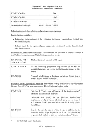 Horizon 2020 - Work Programme 2018-2020
Information and Communication Technologies
Part 5.i - Page 121 of 195
ICT-57-2020 (RIA) 7.00
ICT-58-2020 (IA) 10.00
ICT-58-2020 (CSA) 1.00
Overall indicative budget 514.00 608.00 709.00
Indicative timetable for evaluation and grant agreement signature:
For single stage procedure:
 Information on the outcome of the evaluation: Maximum 5 months from the final date
for submission; and
 Indicative date for the signing of grant agreements: Maximum 8 months from the final
date for submission.
Eligibility and admissibility conditions: The conditions are described in General Annexes B
and C of the work programme. The following exceptions apply:
ICT-17-2018, ICT-18-
2018, ICT-19-2019
The limit for a full proposal is 100 pages.
ICT-31-2018-2019 For the fellowship programme only citizens of the EU and
associated countries are eligible for the financial support to third
parties.
ICT-58-2020 Proposals shall include at least one participant from a low or
middle income country in Africa78
.
Evaluation criteria, scoring and threshold: The criteria, scoring and threshold are described in
General Annex H of the work programme. The following exceptions apply:
ICT-22-2018 Criterion 3 "Quality and efficiency of the implementation":
additional evaluation sub-criterion:
Credibility and quality of the proposed collaboration
mechanisms to effectively and efficiently carry on joint research
activities and deliver joint outcomes with the twinning project
from China.
ICT-23-2019 Due to the specific scope of this topic, in addition to the
minimum number of participants set out in the General Annexes,
proposals shall include at least two participants from Taiwan.
78
See World Bank country classification
 